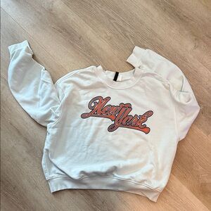 Divided White Sweatshirt with Orange and Blue Graphic